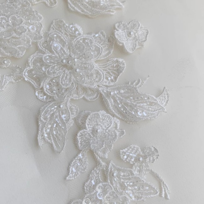 2 Pieces White Sequined Beaded Embroidered Bridal Lace Applique Material SDY013