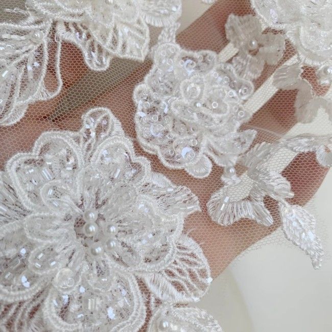2 Pieces White Sequined Beaded Embroidered Bridal Lace Applique Material SDY013
