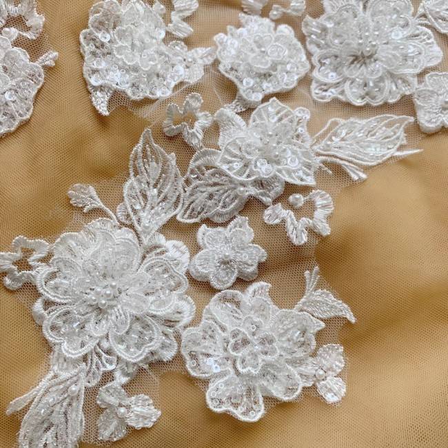 2 Pieces White Sequined Beaded Embroidered Bridal Lace Applique Material SDY013