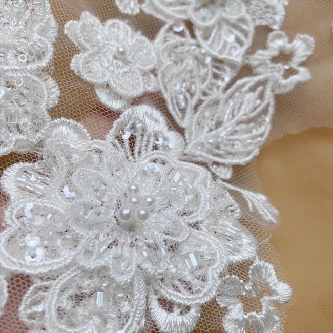2 Pieces White Sequined Beaded Embroidered Bridal Lace Applique Material SDY013