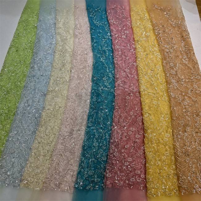 5 Yards Multi-Color Sequined Beaded 3D Floral Embroidered Lace Material Fabric HB060