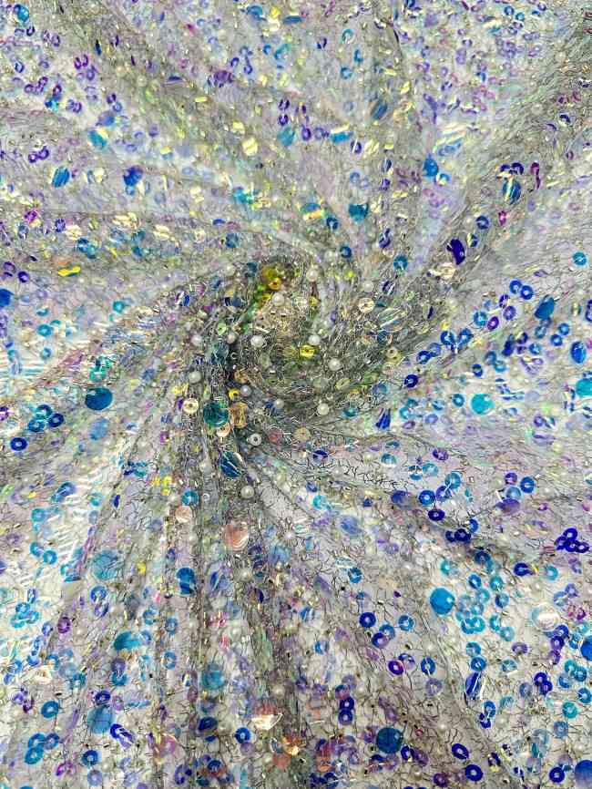 5 Yards Multi-Color Sequined Beaded 3D Floral Embroidered Lace Material Fabric HN085