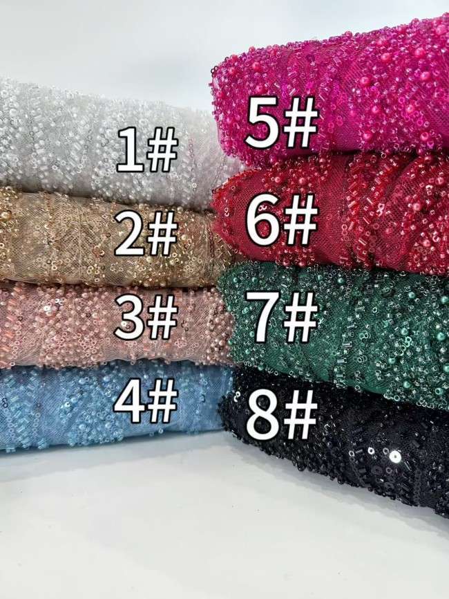 5 Yards Multi-Color Sequined Beaded 3D Floral Embroidered Lace Material Fabric HN086