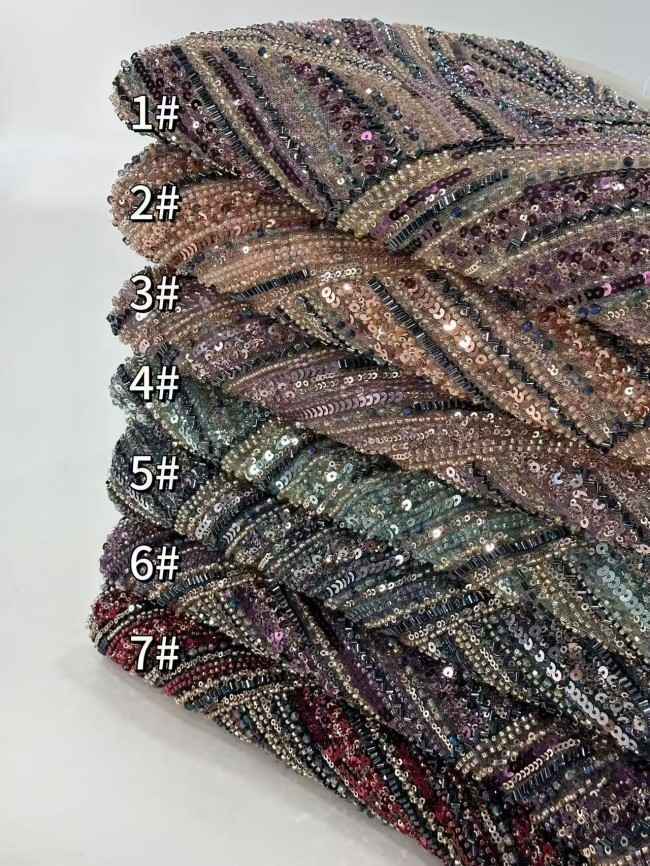 5 Yards Multi-Color Sequined Beaded 3D Floral Embroidered Lace Material Fabric HN095