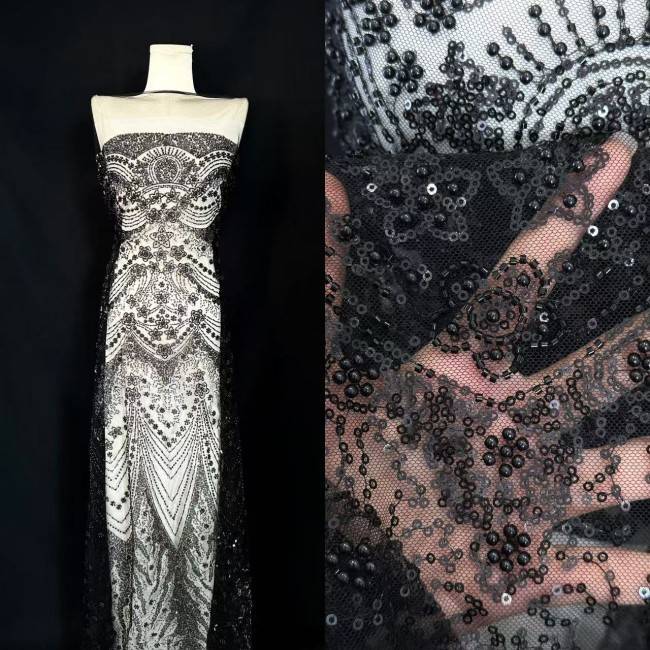 5 Yards Multi-Color Sequined Beaded 3D Floral Embroidered Lace Material Fabric HN100