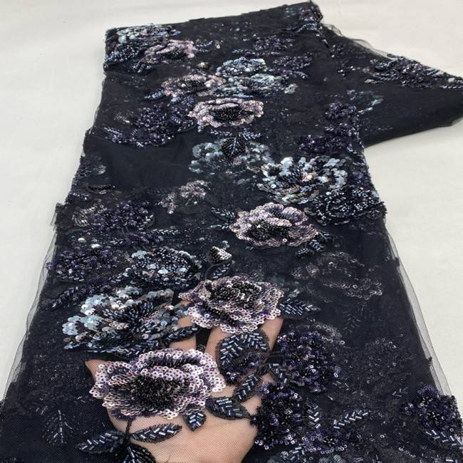 5 Yards Multi-Color Sequins Pearls Beaded 3D Floral Embroidered Lace Material Fabric JX383