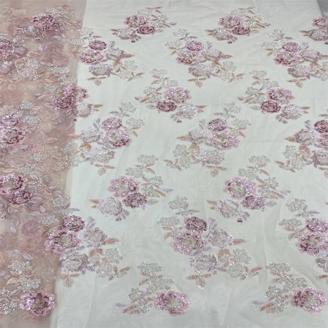 5 Yards Multi-Color Sequins Pearls Beaded 3D Floral Embroidered Lace Material Fabric JX383