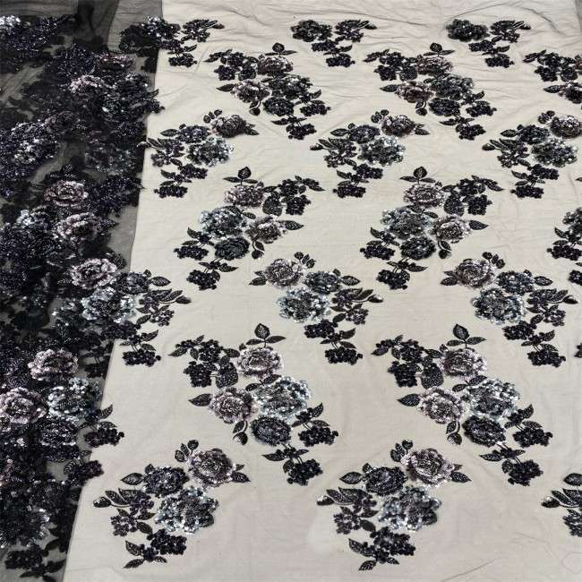 5 Yards Multi-Color Sequins Pearls Beaded 3D Floral Embroidered Lace Material Fabric JX383