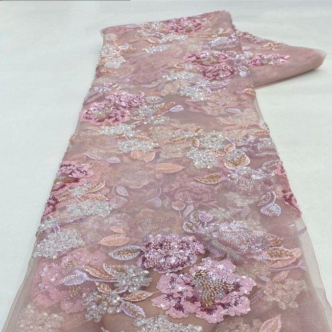 5 Yards Multi-Color Sequins Pearls Beaded 3D Floral Embroidered Lace Material Fabric JX383