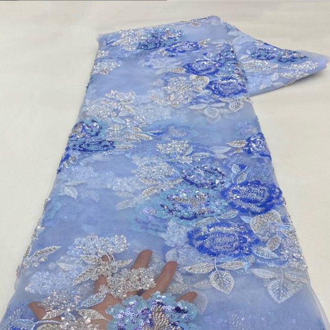 5 Yards Multi-Color Sequins Pearls Beaded 3D Floral Embroidered Lace Material Fabric JX383