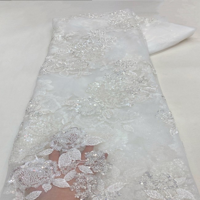 5 Yards Multi-Color Sequins Pearls Beaded 3D Floral Embroidered Lace Material Fabric JX383