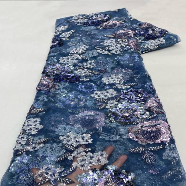 5 Yards Multi-Color Sequins Pearls Beaded 3D Floral Embroidered Lace Material Fabric JX383