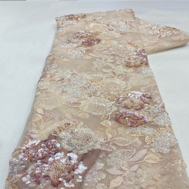 5 Yards Multi-Color Sequins Pearls Beaded 3D Floral Embroidered Lace Material Fabric JX383