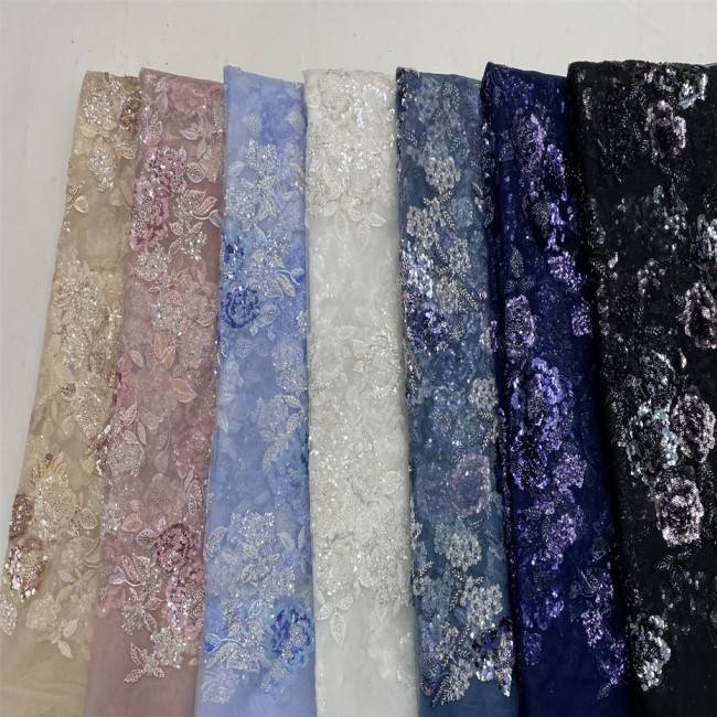 5 Yards Multi-Color Sequins Pearls Beaded 3D Floral Embroidered Lace Material Fabric JX383
