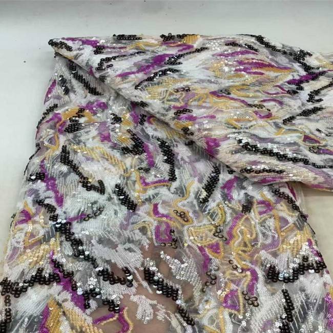 5 Yards Multi-Color Sequins Pearls Beaded 3D Floral Embroidered Lace Material Fabric JX384