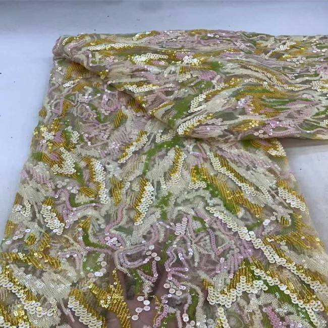 5 Yards Multi-Color Sequins Pearls Beaded 3D Floral Embroidered Lace Material Fabric JX384