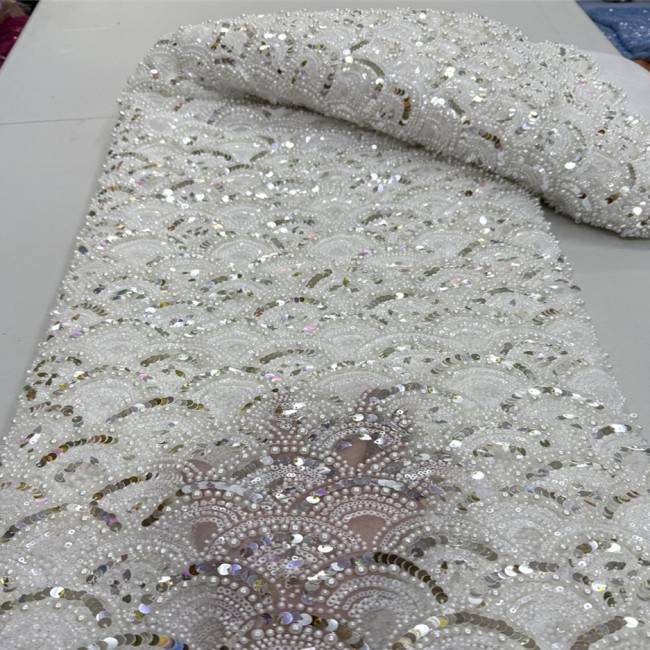 5 Yards Multi-Color Sequins Pearls Beaded 3D Floral Embroidered Lace Material Fabric JX393
