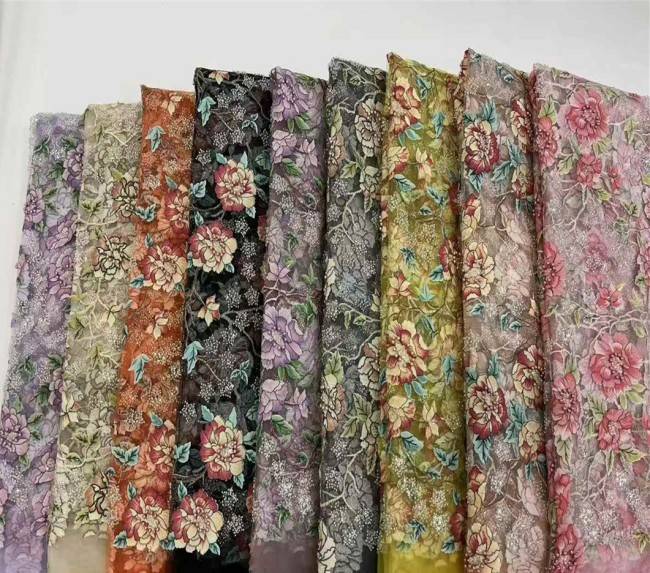 5 Yards Multi-Color Sequins Pearls Beaded 3D Floral Embroidered Lace Material Fabric JX396