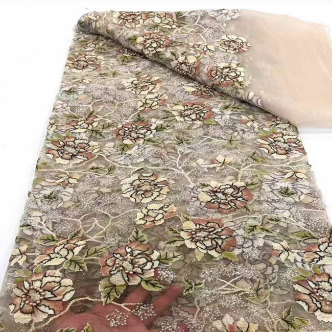 5 Yards Multi-Color Sequins Pearls Beaded 3D Floral Embroidered Lace Material Fabric JX396