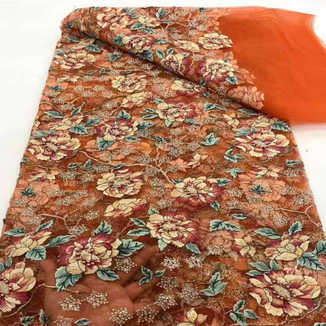 5 Yards Multi-Color Sequins Pearls Beaded 3D Floral Embroidered Lace Material Fabric JX396