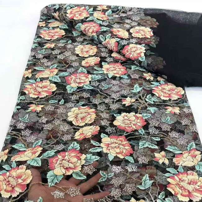 5 Yards Multi-Color Sequins Pearls Beaded 3D Floral Embroidered Lace Material Fabric JX396