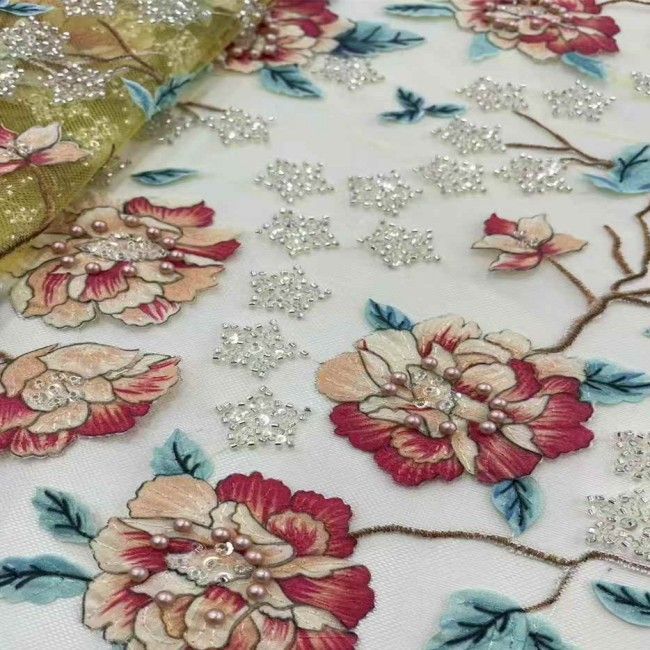 5 Yards Multi-Color Sequins Pearls Beaded 3D Floral Embroidered Lace Material Fabric JX396
