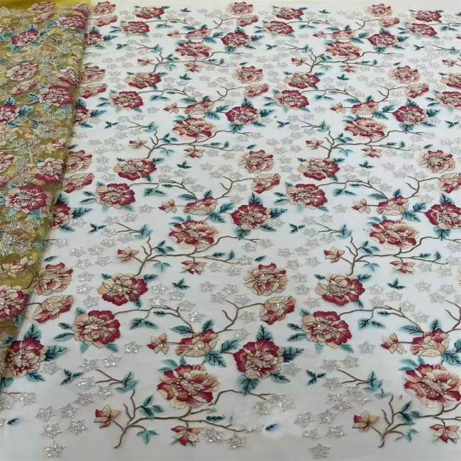 5 Yards Multi-Color Sequins Pearls Beaded 3D Floral Embroidered Lace Material Fabric JX396