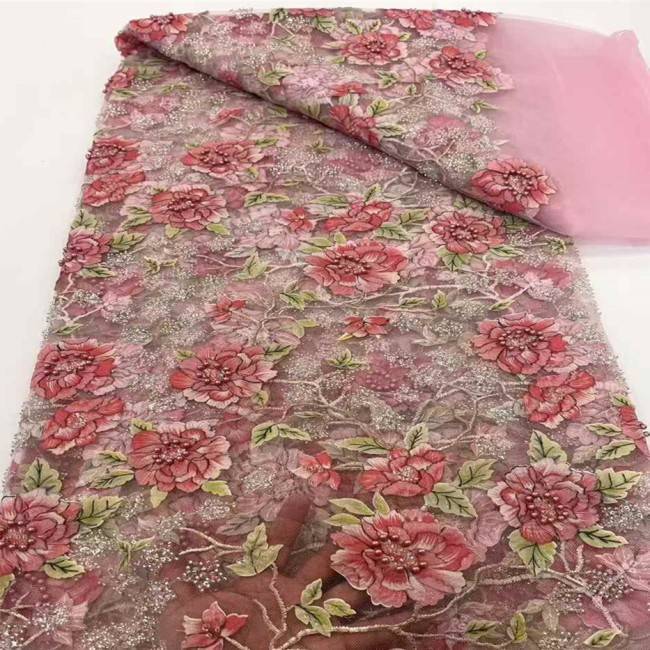 5 Yards Multi-Color Sequins Pearls Beaded 3D Floral Embroidered Lace Material Fabric JX396
