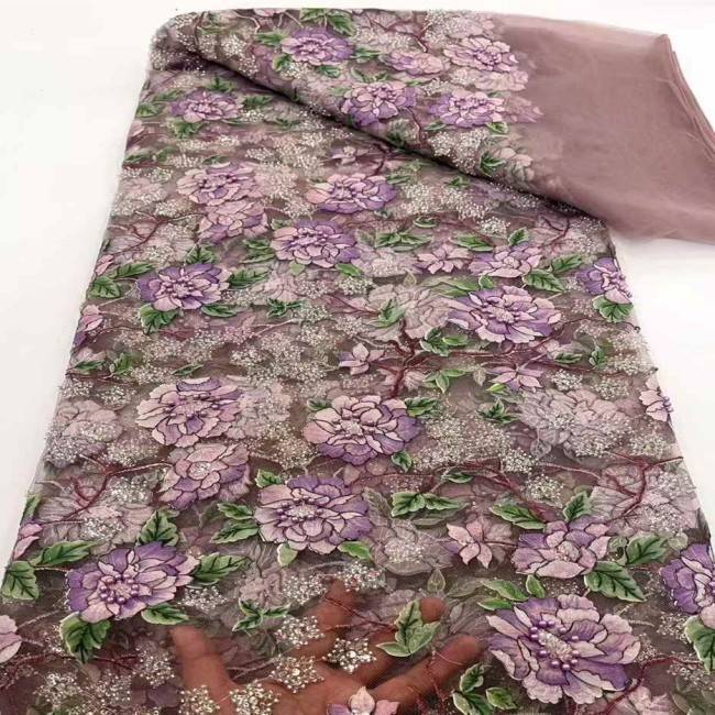 5 Yards Multi-Color Sequins Pearls Beaded 3D Floral Embroidered Lace Material Fabric JX396