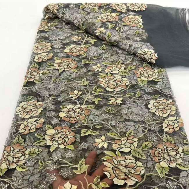 5 Yards Multi-Color Sequins Pearls Beaded 3D Floral Embroidered Lace Material Fabric JX396