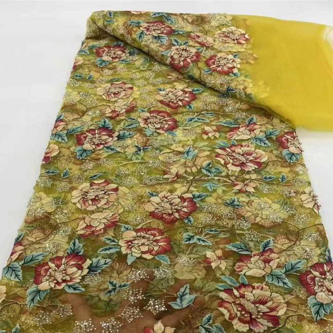 5 Yards Multi-Color Sequins Pearls Beaded 3D Floral Embroidered Lace Material Fabric JX396