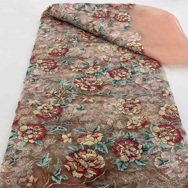 5 Yards Multi-Color Sequins Pearls Beaded 3D Floral Embroidered Lace Material Fabric JX396