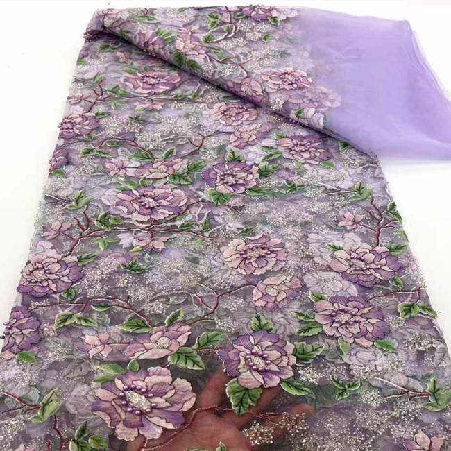 5 Yards Multi-Color Sequins Pearls Beaded 3D Floral Embroidered Lace Material Fabric JX396