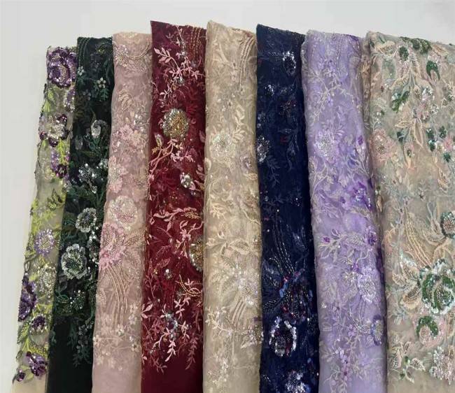 5 Yards Multi-Color Sequins Pearls Beaded 3D Floral Embroidered Lace Material Fabric JX397