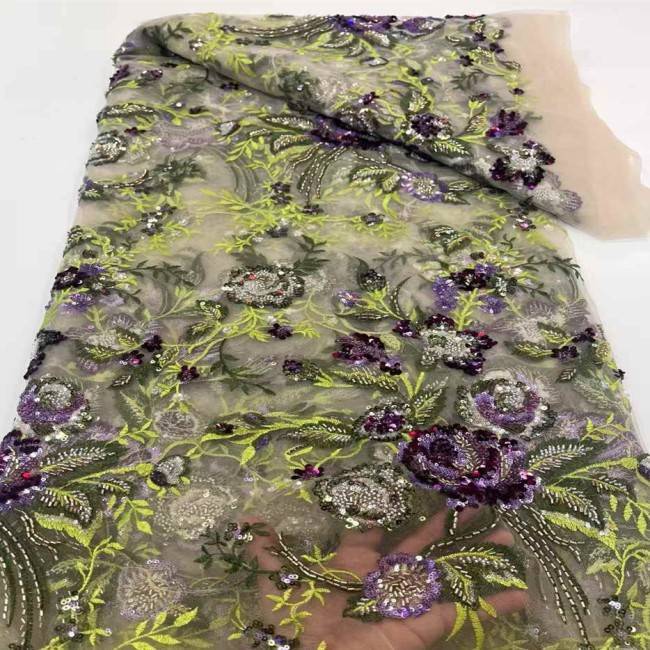 5 Yards Multi-Color Sequins Pearls Beaded 3D Floral Embroidered Lace Material Fabric JX397