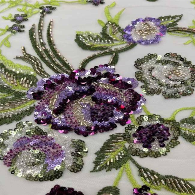 5 Yards Multi-Color Sequins Pearls Beaded 3D Floral Embroidered Lace Material Fabric JX397