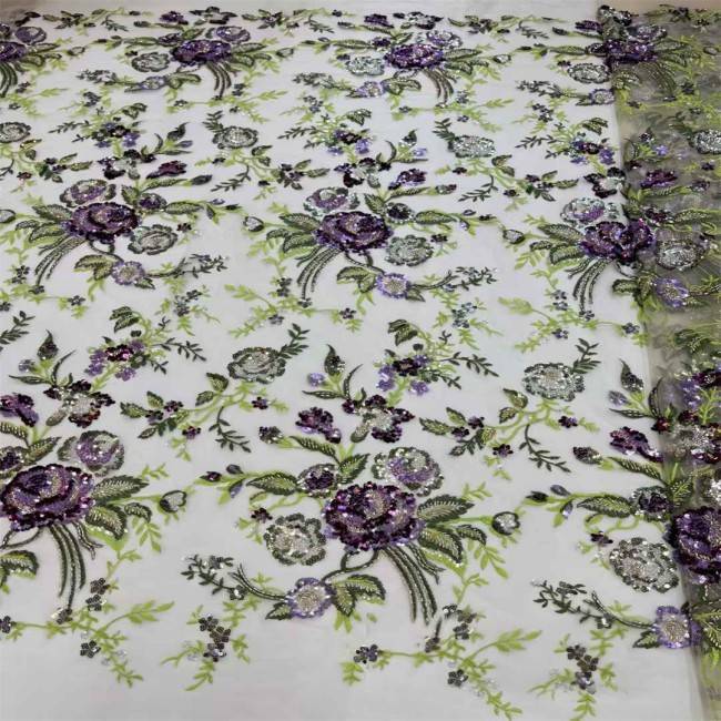 5 Yards Multi-Color Sequins Pearls Beaded 3D Floral Embroidered Lace Material Fabric JX397