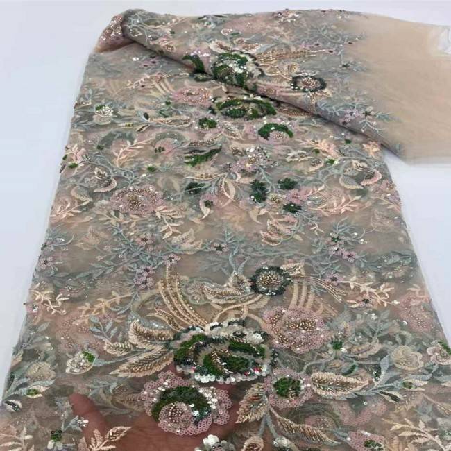 5 Yards Multi-Color Sequins Pearls Beaded 3D Floral Embroidered Lace Material Fabric JX397