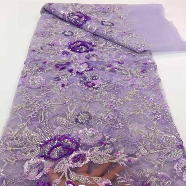 5 Yards Multi-Color Sequins Pearls Beaded 3D Floral Embroidered Lace Material Fabric JX397