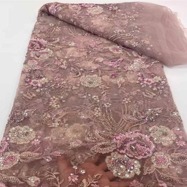5 Yards Multi-Color Sequins Pearls Beaded 3D Floral Embroidered Lace Material Fabric JX397