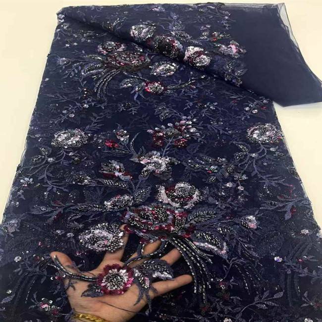 5 Yards Multi-Color Sequins Pearls Beaded 3D Floral Embroidered Lace Material Fabric JX397
