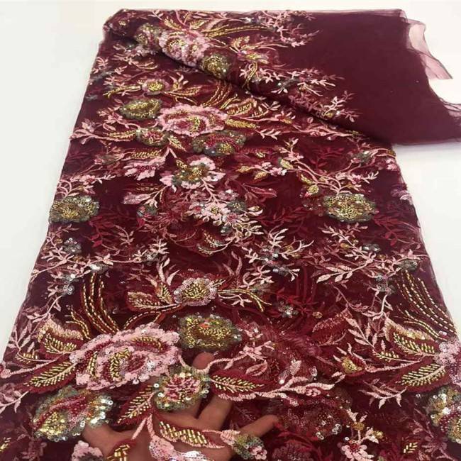 5 Yards Multi-Color Sequins Pearls Beaded 3D Floral Embroidered Lace Material Fabric JX397