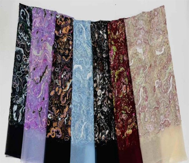 5 Yards Multi-Color Sequins Pearls Beaded 3D Floral Embroidered Lace Material Fabric JX398