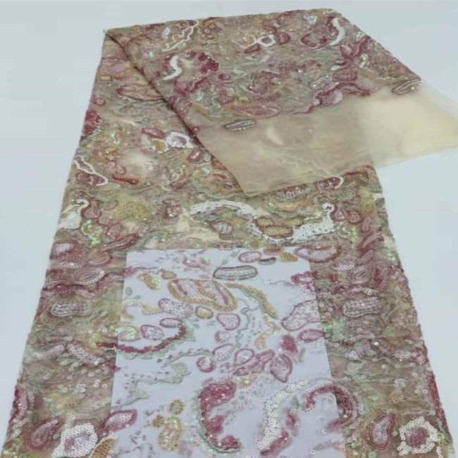 5 Yards Multi-Color Sequins Pearls Beaded 3D Floral Embroidered Lace Material Fabric JX398