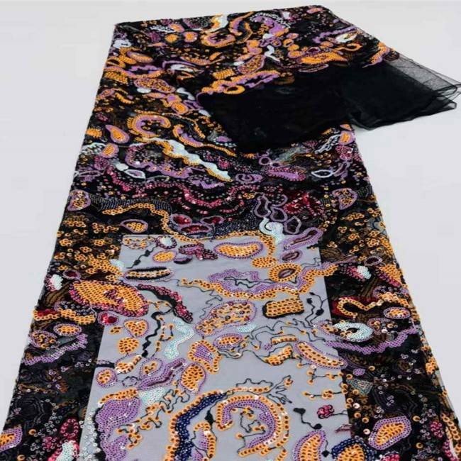 5 Yards Multi-Color Sequins Pearls Beaded 3D Floral Embroidered Lace Material Fabric JX398