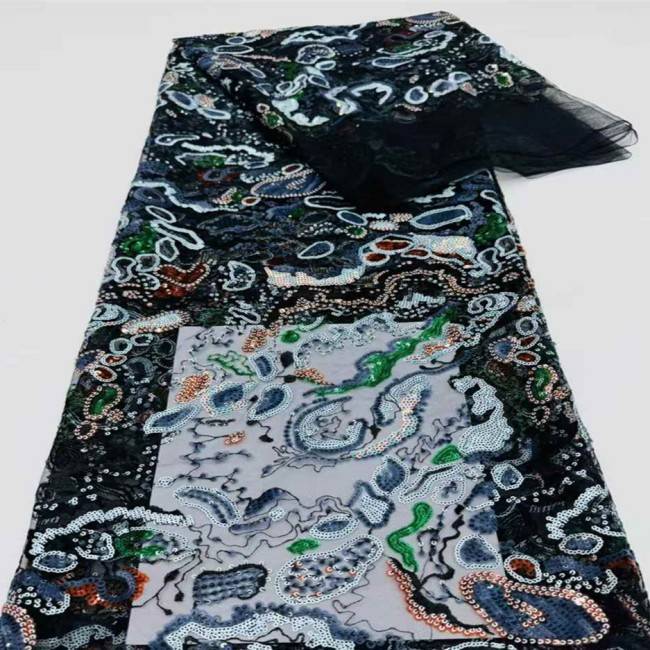 5 Yards Multi-Color Sequins Pearls Beaded 3D Floral Embroidered Lace Material Fabric JX398