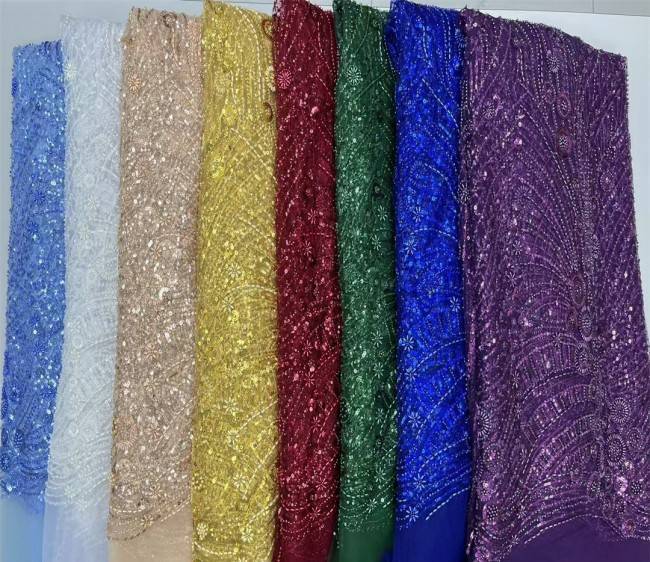 5 Yards Multi-Color Sequins Pearls Beaded Embroidered 3D Floral Lace Material Fabric JX405