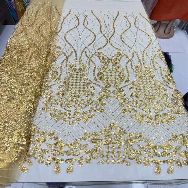 5 Yards Multi-Color Sequins Pearls Beaded Embroidered 3D Floral Lace Material Fabric JX406