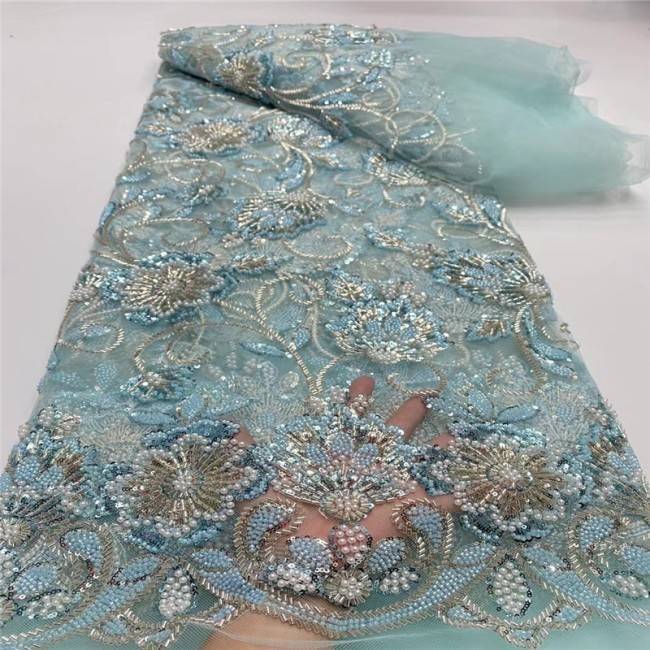 5 Yards Multi-Color Sequins Pearls Beaded Embroidered 3D Floral Lace Material Fabric JX410