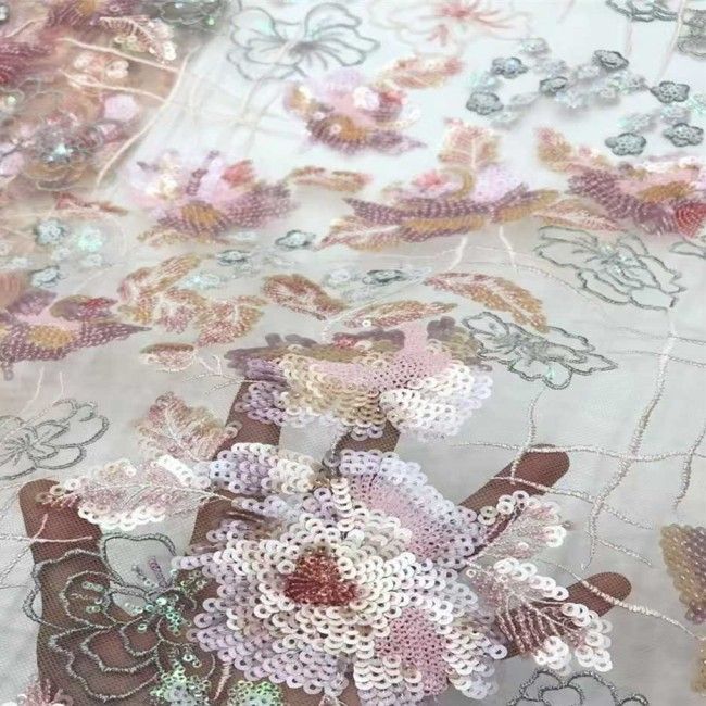 5 Yards Multi-Color Sequins Pearls Beaded Embroidered 3D Floral Lace Material Fabric JX423